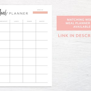 Op de afbeelding: Een printbare maaltijdplanner met een eenvoudig ontwerp. De planner heeft secties voor ontbijt, lunch, diner en snacks. Hij bevat een ruimte om de week van in te vullen en een sectie voor elke dag van de week.