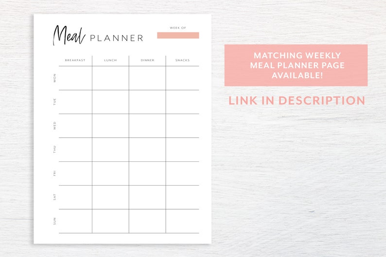 Op de afbeelding: Een printbare maaltijdplanner met een eenvoudig ontwerp. De planner heeft secties voor ontbijt, lunch, diner en snacks. Hij bevat een ruimte om de week van in te vullen en een sectie voor elke dag van de week.