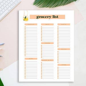 May include: A printable grocery list with a peach background and a yellow lemon illustration. The list is divided into categories: produce, meat, pantry, frozen, baking, dairy, bakery & deli, and other.