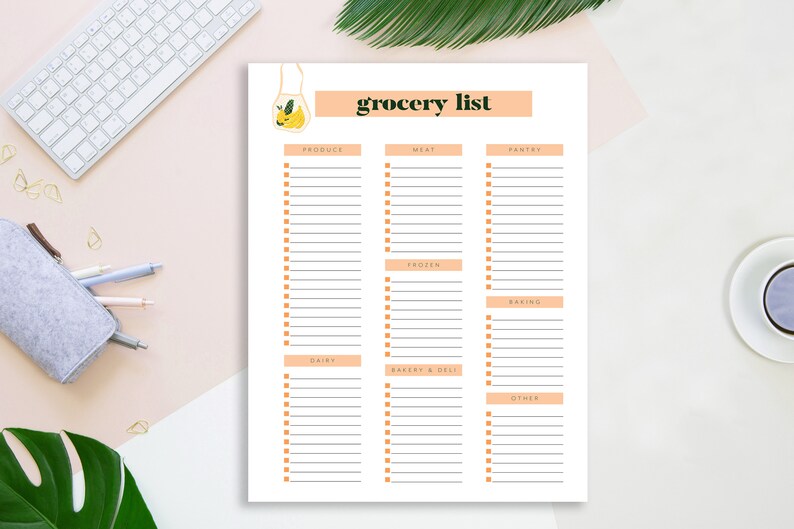 May include: A printable grocery list with a peach background and a yellow lemon illustration. The list is divided into categories: produce, meat, pantry, frozen, baking, dairy, bakery & deli, and other.