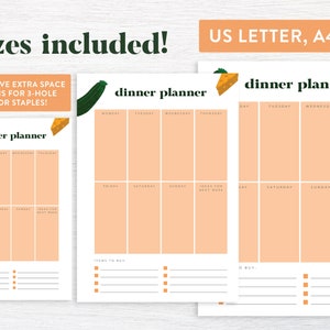 May include: Printable weekly dinner planner with three different sizes: US Letter, A4, and A5. The planner has a peach background with a green zucchini and a slice of yellow cheese on the top. It includes sections for Monday through Sunday, ideas for the next week, and a list of items to buy.