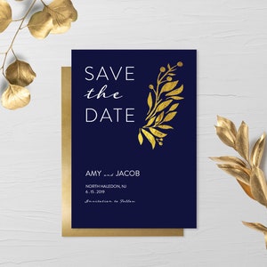 Modelo floral dourado marinho para salvar a data, casamento elegante, salvar a data, cartão postal para imprimir, salvar a data, download digital de casamento