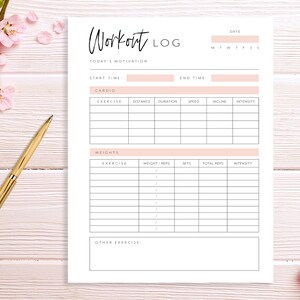 May include: A printable workout log with sections for cardio, weights, and other exercise. The log includes columns for date, start time, end time, exercise, distance, duration, speed, incline, intensity, weight, reps, sets, and total reps.