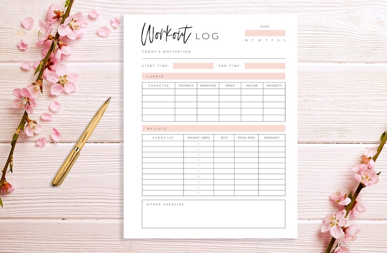 May include: A printable workout log with sections for cardio, weights, and other exercise. The log includes columns for date, start time, end time, exercise, distance, duration, speed, incline, intensity, weight, reps, sets, and total reps.