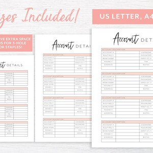 Account Details Printable Planner Page, Finance Planner, Password Tracker, Savings Tracker, Budget Planner, Planner Insert, A4, A5, USLetter image 3