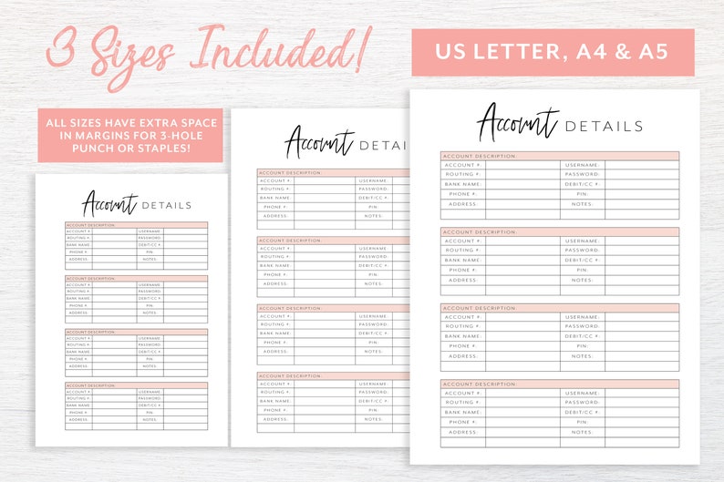 Account Details Printable Planner Page, Finance Planner, Password Tracker, Savings Tracker, Budget Planner, Planner Insert, A4, A5, USLetter image 3