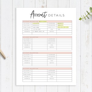 Account Details Printable Planner Page, Finance Planner, Password Tracker, Savings Tracker, Budget Planner, Planner Insert, A4, A5, USLetter image 2
