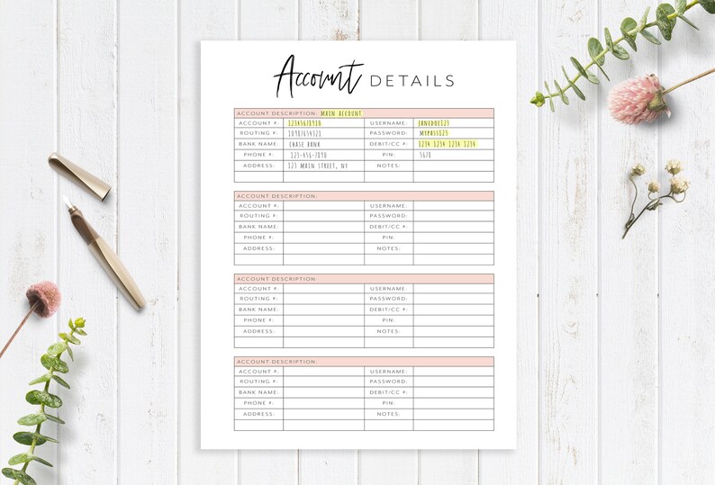 Account Details Printable Planner Page, Finance Planner, Password Tracker, Savings Tracker, Budget Planner, Planner Insert, A4, A5, USLetter image 2