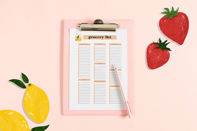 May include: A pink clipboard with a white grocery list on it. The list is divided into categories: produce, meat, pantry, frozen, dairy, bakery & bread, and other. There is a pen next to the clipboard. There are two red strawberries and two yellow lemons on a pink background.