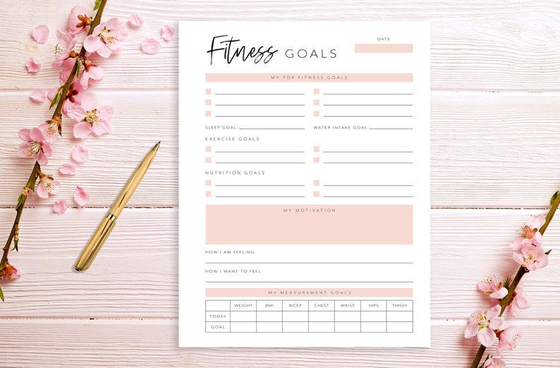 May include: A printable fitness goals tracker with sections for top fitness goals, sleep goals, exercise goals, nutrition goals, motivation, how you are feeling, how you want to feel, and measurement goals. The tracker includes a section for weight, bust, bicep, chest, waist, hips, and thigh measurements.