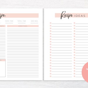 May include: Printable recipe planner with a pink header and lined pages for writing down ingredients, directions, prep time, cook time, total time, and servings. The second page is for recipe ideas with a pink header and lined pages for writing down recipe ideas.