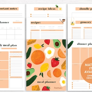 May include: Printable meal planner with a colorful illustrated design featuring lemons, oranges, avocados, eggs, and strawberries. The planner includes sections for important notes, recipe ideas, a grocery list, a daily meal plan, and a dinner planner.