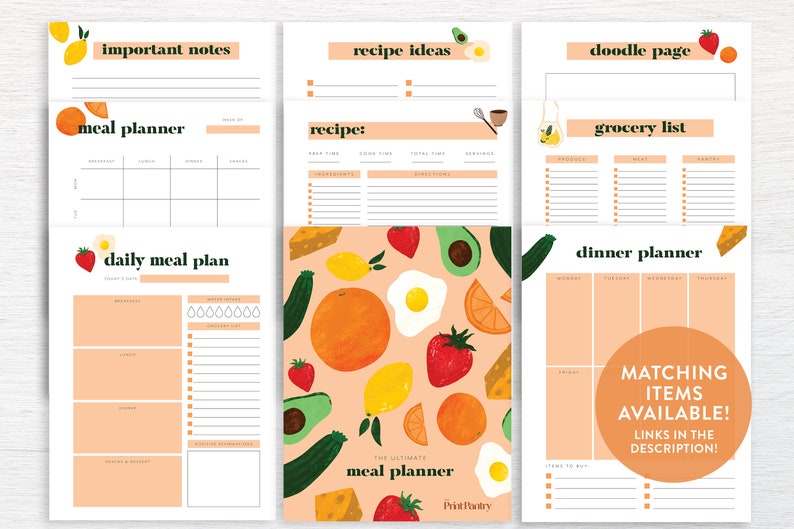May include: Printable meal planner with a colorful illustrated design featuring lemons, oranges, avocados, eggs, and strawberries. The planner includes sections for important notes, recipe ideas, a grocery list, a daily meal plan, and a dinner planner.