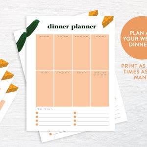 May include: Printable weekly dinner planner with a peach background, a green zucchini illustration, and the text "dinner planner". The planner includes spaces for each day of the week, a section for grocery items to buy, and a section for meal ideas for the following week.