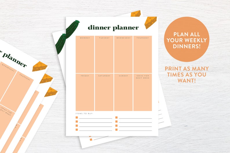 May include: Printable weekly dinner planner with a peach background, a green zucchini illustration, and the text "dinner planner". The planner includes spaces for each day of the week, a section for grocery items to buy, and a section for meal ideas for the following week.