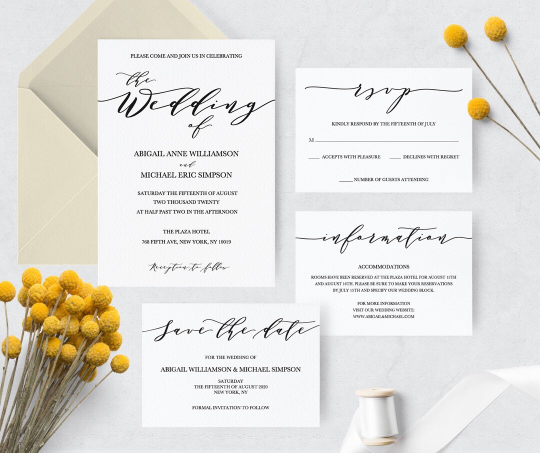 Wedding Invitation Set, Printable Wedding Invitation Template, Modern ...