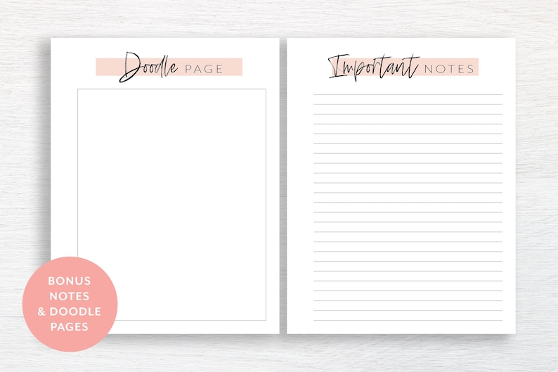 May include: Two blank pages, one with the text "Doodle Page" and the other with the text "Important Notes". Both pages have a pink stripe at the top. A pink circle with the text "Bonus Notes & Doodle Pages" is in the bottom left corner.