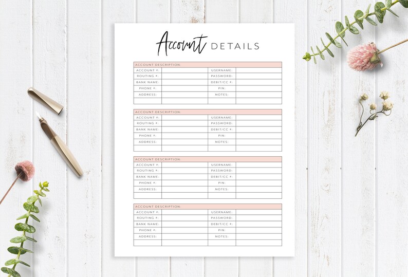 Account Details Printable Planner Page, Finance Planner, Password Tracker, Savings Tracker, Budget Planner, Planner Insert, A4, A5, USLetter image 1