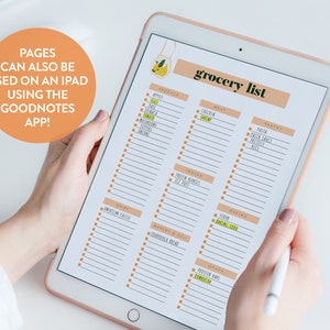 May include: A digital grocery list template on an iPad screen. The list is organized by category, including produce, meat, frozen, dairy, bakery, baking, pantry, and other. The list is filled with checkboxes for each item.