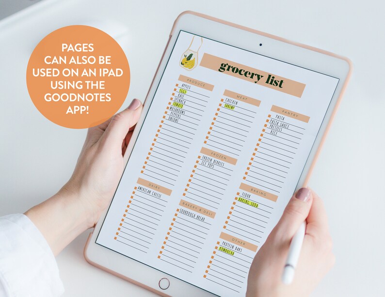 May include: A digital grocery list template on an iPad screen. The list is organized by category, including produce, meat, frozen, dairy, bakery, baking, pantry, and other. The list is filled with checkboxes for each item.