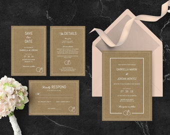 Vintage Hochzeitseinladungs-Set, druckbare Hochzeitseinladungsvorlage, rustikale Hochzeitseinladung, Kraft-Einladung, digitaler Download