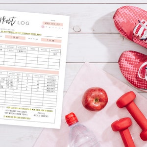May include: Workout log printable with a pink towel, red dumbbells, a red apple, a water bottle, and pink running shoes. The log includes sections for cardio, weights, and other exercises. The date is April 10th, 2020.