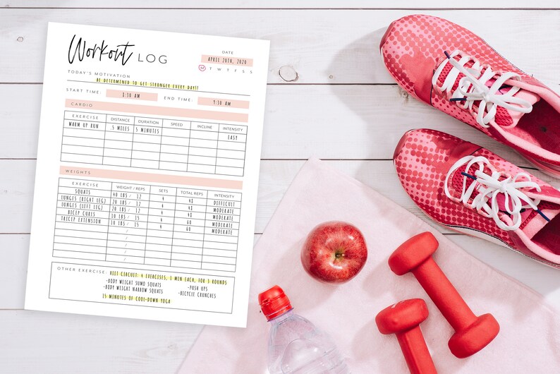 May include: Workout log printable with a pink towel, red dumbbells, a red apple, a water bottle, and pink running shoes. The log includes sections for cardio, weights, and other exercises. The date is April 10th, 2020.