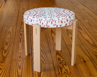 round low stool with pink Les Touches newly upholstered stool for girl playroom furniture with pink animal print for girl bedroom chair