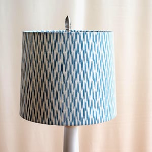 large drum hardback lampshade with Ian Sanderson ikat pattern coastal lamp shade glacier blue lake house decor lampshade coastal living room