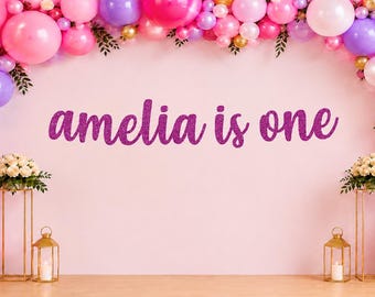 Pancarta de primer cumpleaños, pancarta de un año, pancarta de 1er cumpleaños, cartel de "Cumpliendo un año", guirnalda personalizada, pancarta personalizada, pancarta con purpurina