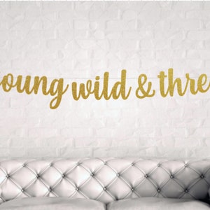 Puede incluir: Pancarta de purpurina dorada con el texto "young wild & three".