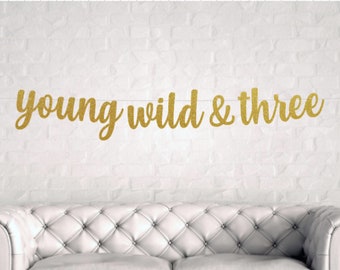 May include: Gold glitter banner with the text "young wild & three".