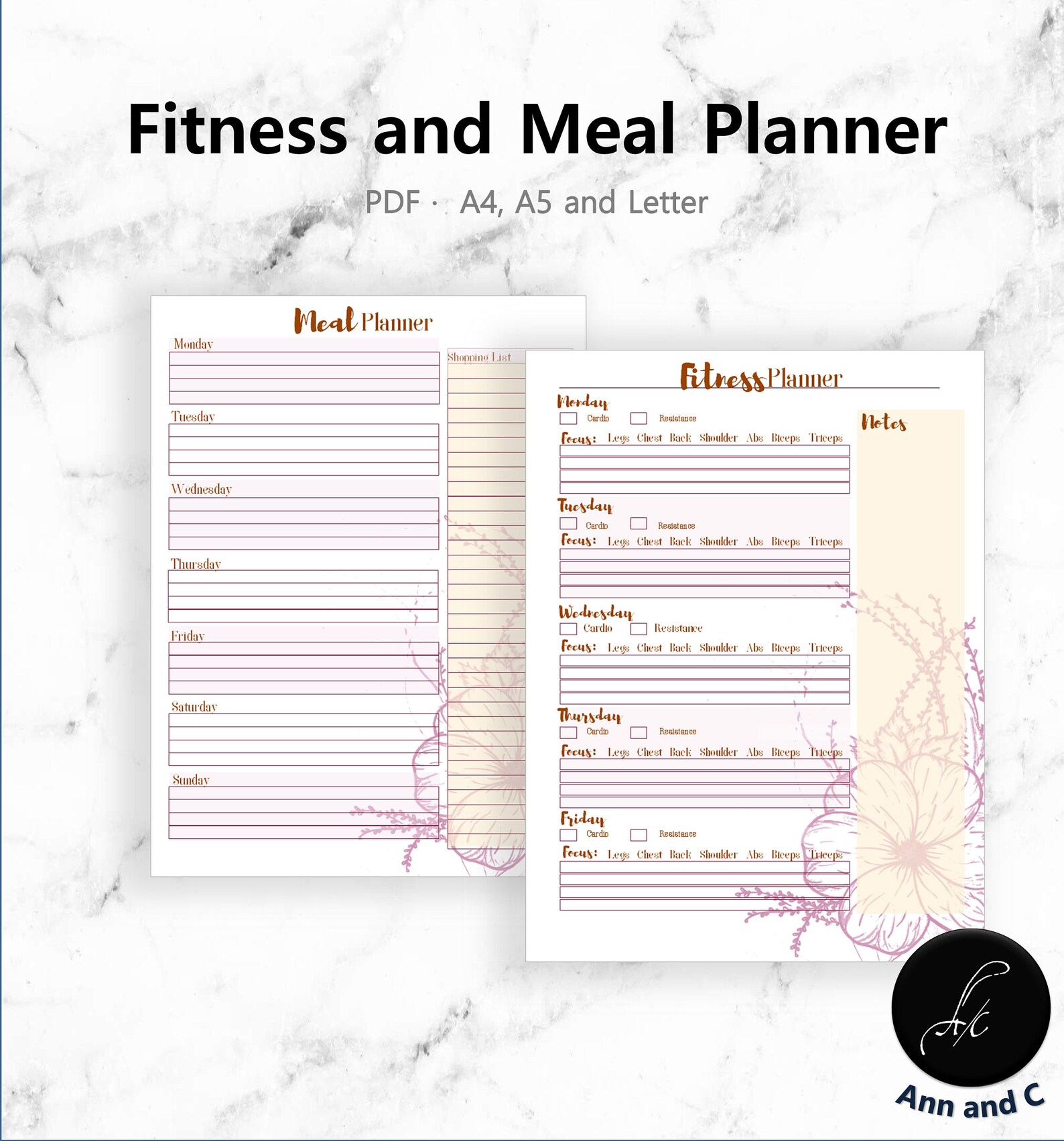 FITNESS and Meal PRINTABLE / Planner Insert Bundle/ Meal Planner and ...