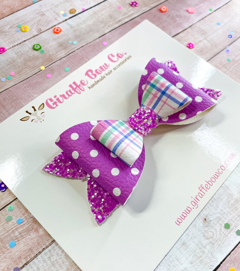 Polka Dot Plaid Spring Easter bunny hair bowbaby hair accessorEaster babytoddler hair accessoryglitter hair clipbaby bunnyspring plaid