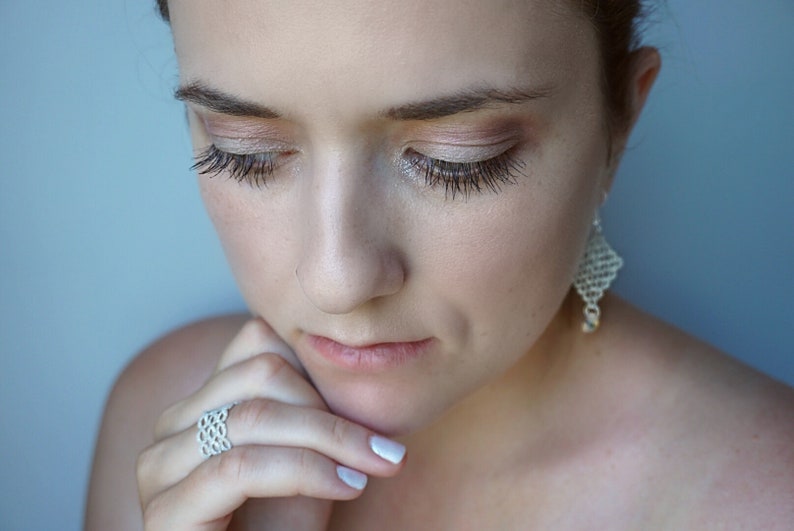 MADE TO ORDER by Lumie Lace Lace Jewelry Anniversary or Birthday Gift for Her White Gold Tatted Earrings and Ring Set