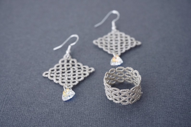MADE TO ORDER by Lumie Lace Lace Jewelry Anniversary or Birthday Gift for Her White Gold Tatted Earrings and Ring Set