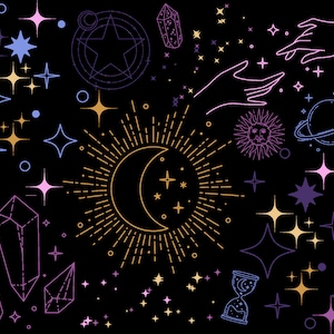 Puede incluir: Ilustración de temática celestial sobre fondo negro. Presenta una luna creciente, un sol radiante, estrellas, cristales, manos, planetas y un reloj de arena. La paleta de colores incluye dorado, morado, azul y rosa, creando una estética mística.