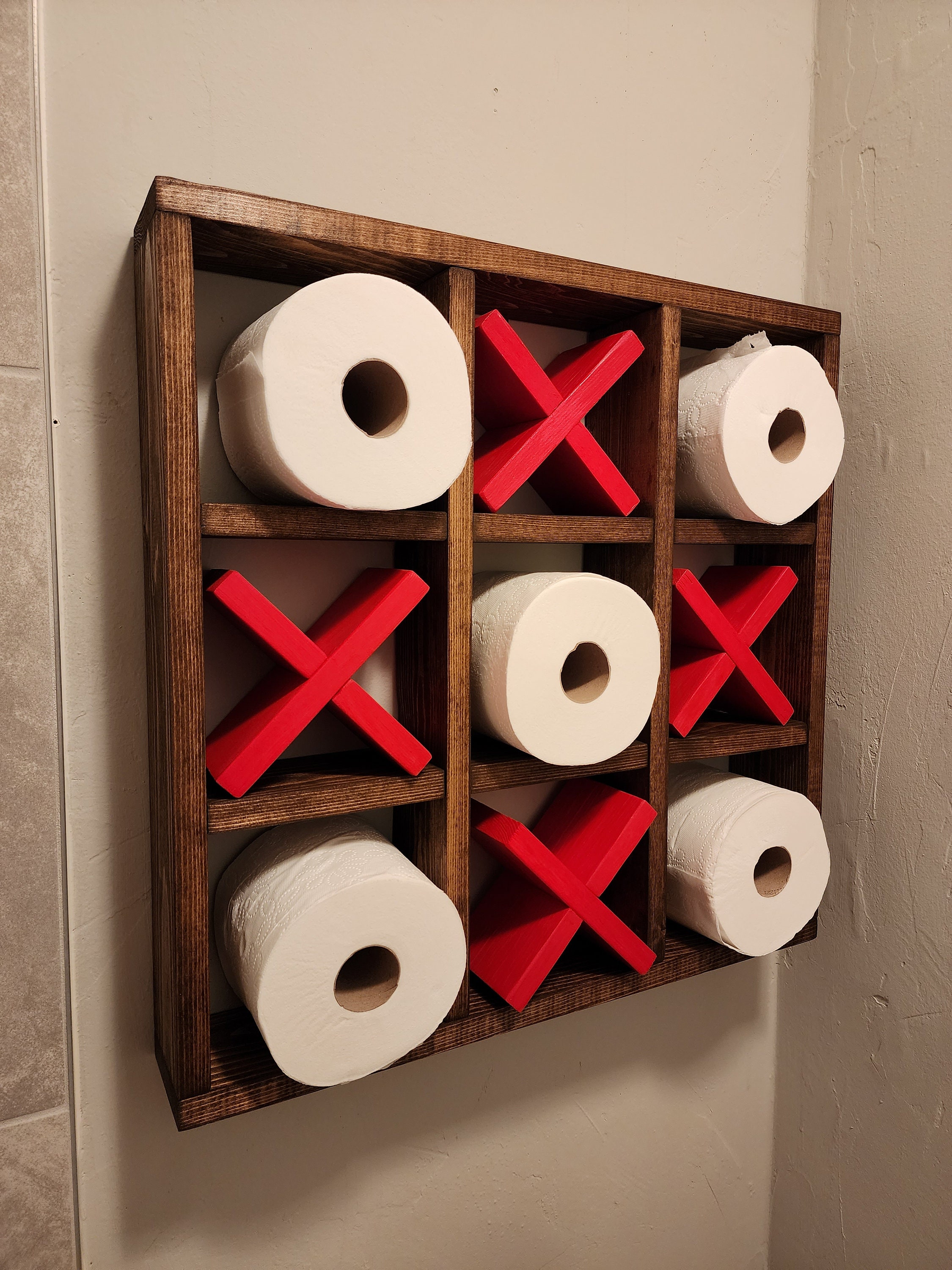 Rustic Wooden Toilet Paper Holder: Tic Tac Toe Design Tissue Roll