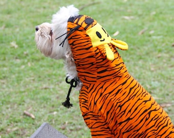 Tiger Dog Halloween Costume, cotton, tail and hood with ears, x small 20cm to small 25cm breeds