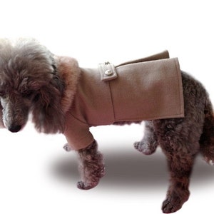 Classic wool dog coat with faux fur trim for small to large breeds, super stylish and warm
