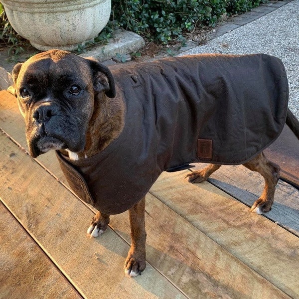 Australian Oilskin Dog Coat Jacket with a sherpa lining - Brown, 40cm length, top quality