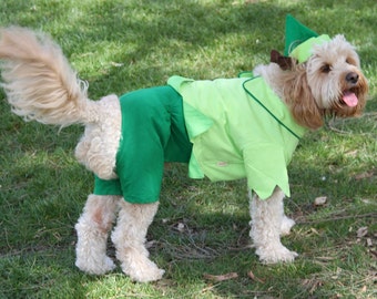 Christmas or St Patrick's Day Elf Boy Dog Costume for small to very large dogs. Four legs and cap, quality cotton, cute