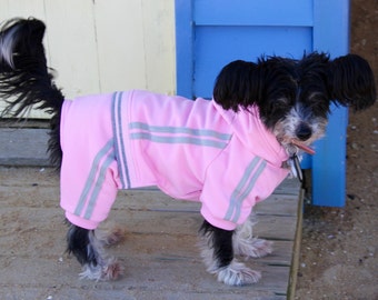 Pink dog tracksuit with fleece lining, 4 legs and hood