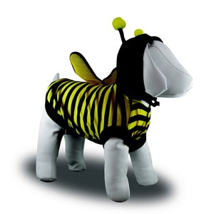 May include: A yellow and black striped dog costume with a bee-shaped hood and wings. The costume has a black felt hood with a yellow felt antenna and a yellow felt stinger.