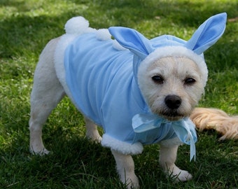 Easter bunny dog costume - pale blue, x small 20cm & small 25cm dogs, pups and toy breeds. Ears and a cute fluffy white tail, quality cotton