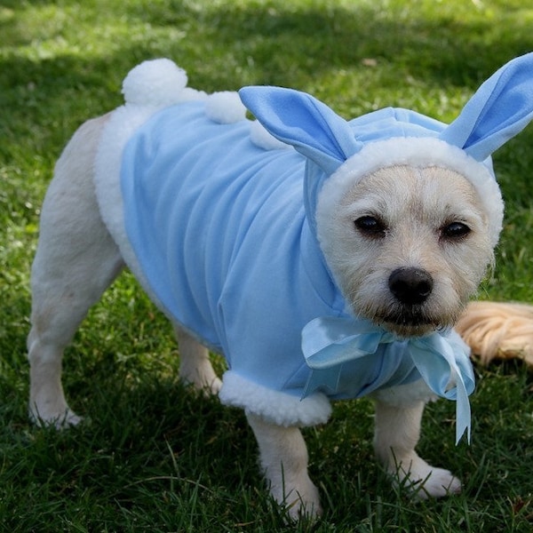 Easter bunny dog costume - pale blue, x small 20cm & small 25cm dogs, pups and toy breeds. Ears and a cute fluffy white tail, quality cotton