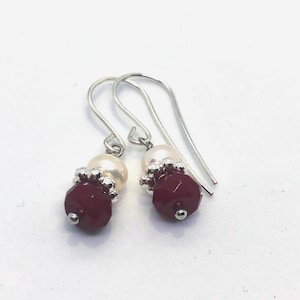 Ruby, pearl and silver earrings artisan-made gift for her July birthstone