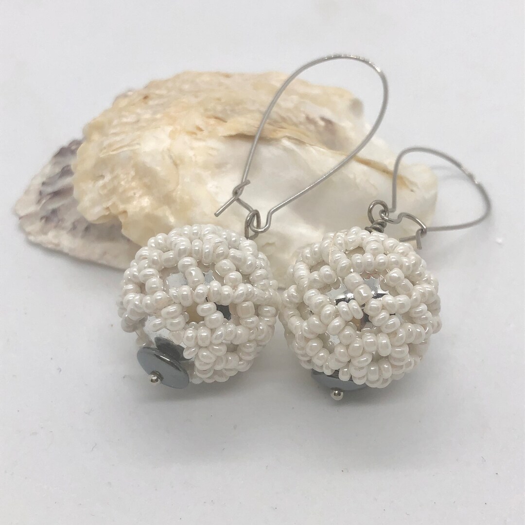 White Beaded Ball Earrings for Her Artisan Made Gift Mod Etsy