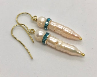 Pearl and aqua crystal earrings artisan made gift for her special occasion