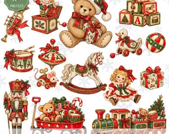 May include: A collection of 15 Christmas-themed toy illustrations including a teddy bear with a Santa hat, a nutcracker, a rocking horse, a jack-in-the-box, a toy train, alphabet blocks, a drum, a doll, a pull-toy duck, and a wagon with gifts.